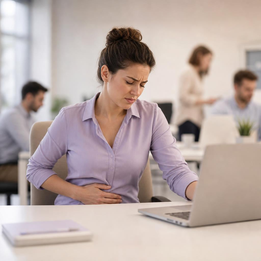 Mujer con dolor de regla intentando trabajar