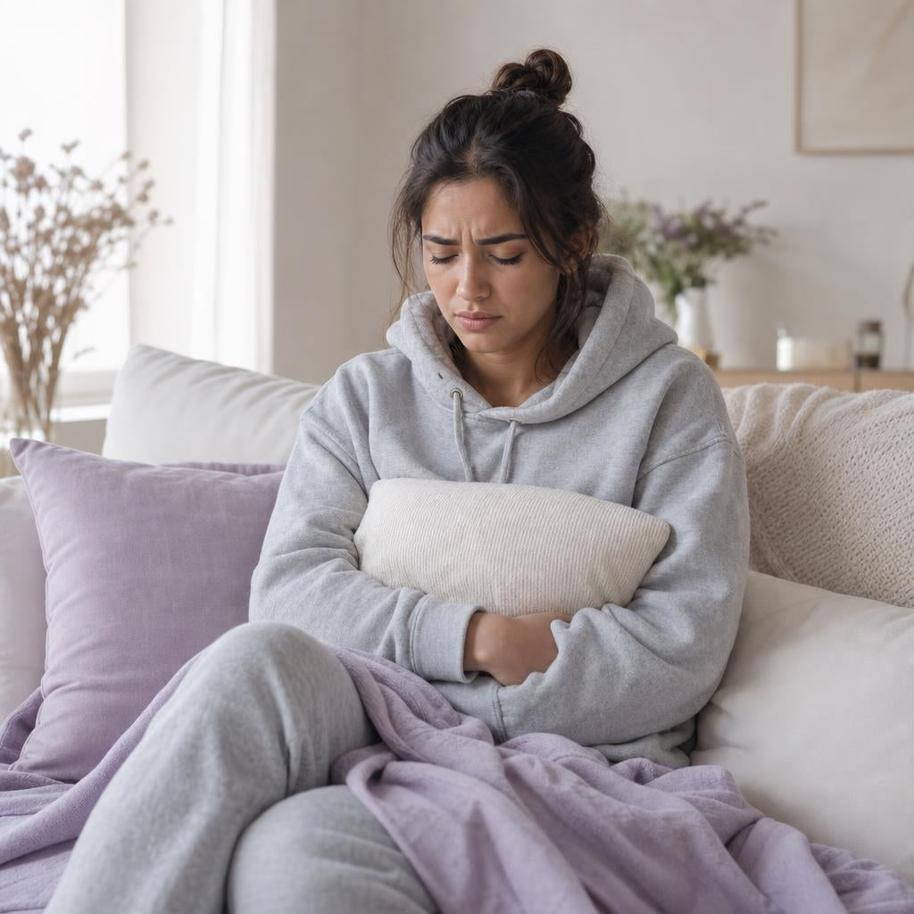 Mujer encogida en la cama con dolor de regla